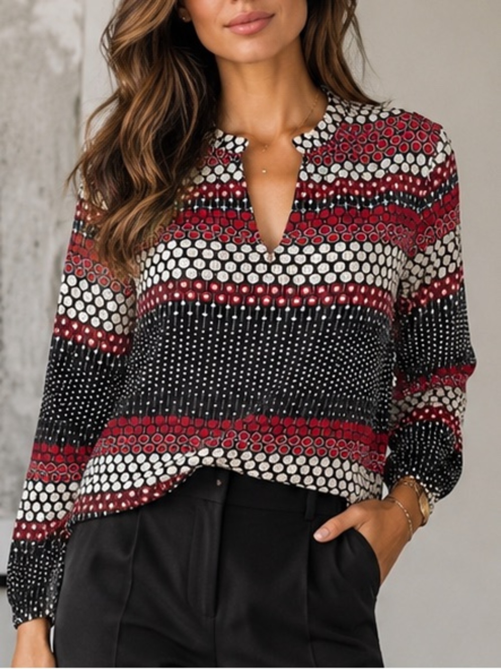 Tommy Hilfiger Black and White Relaxed Blouse with Mandarin Collar (749)